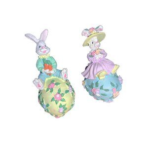 Easter Decor  Two Rabbits Sitting on Eggs